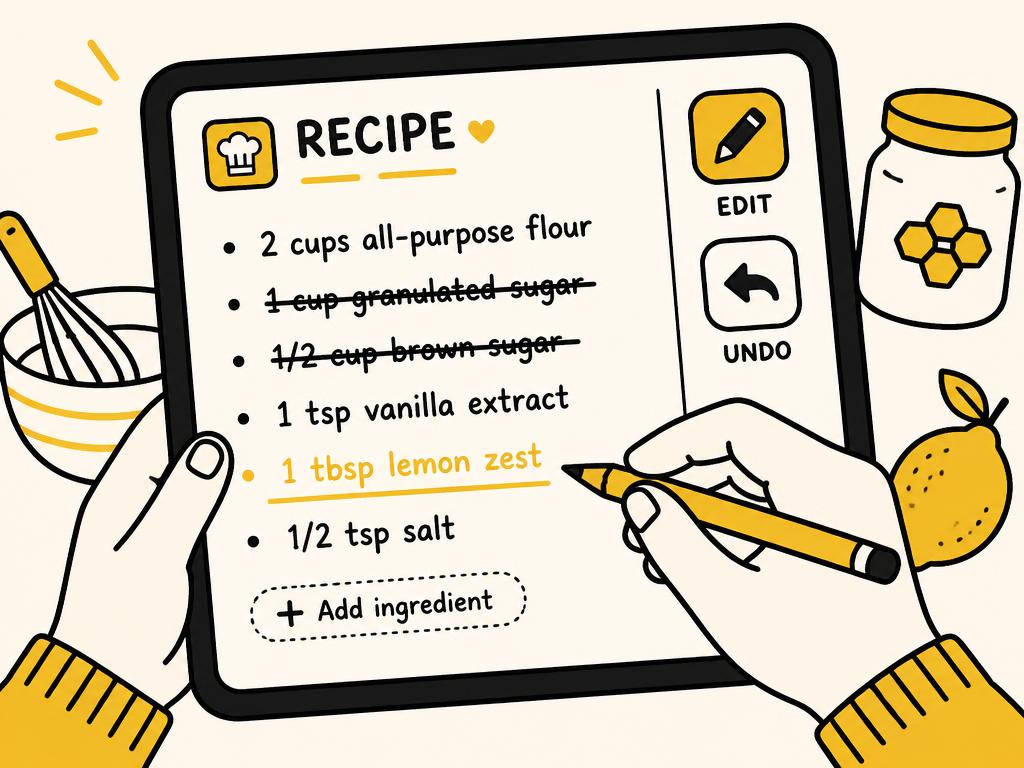 Illustration of a recipe being edited with a pencil