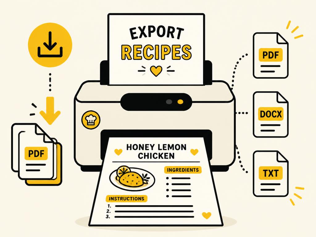 Illustration of a recipe printing and exporting to PDF, DOCX and TXT