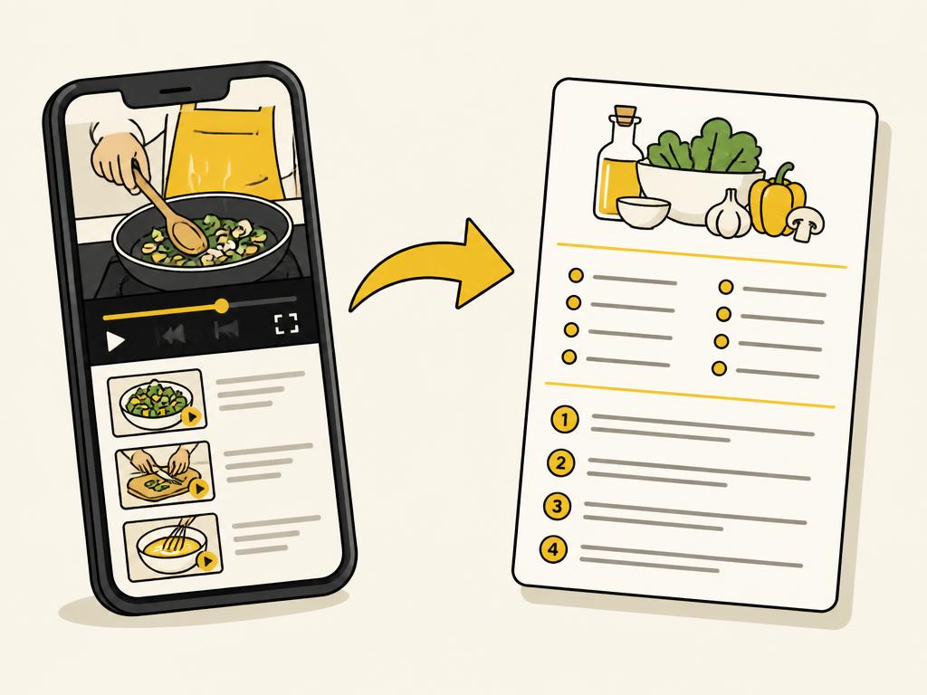 A cooking video on a phone turning into a structured recipe card with ingredients and numbered steps