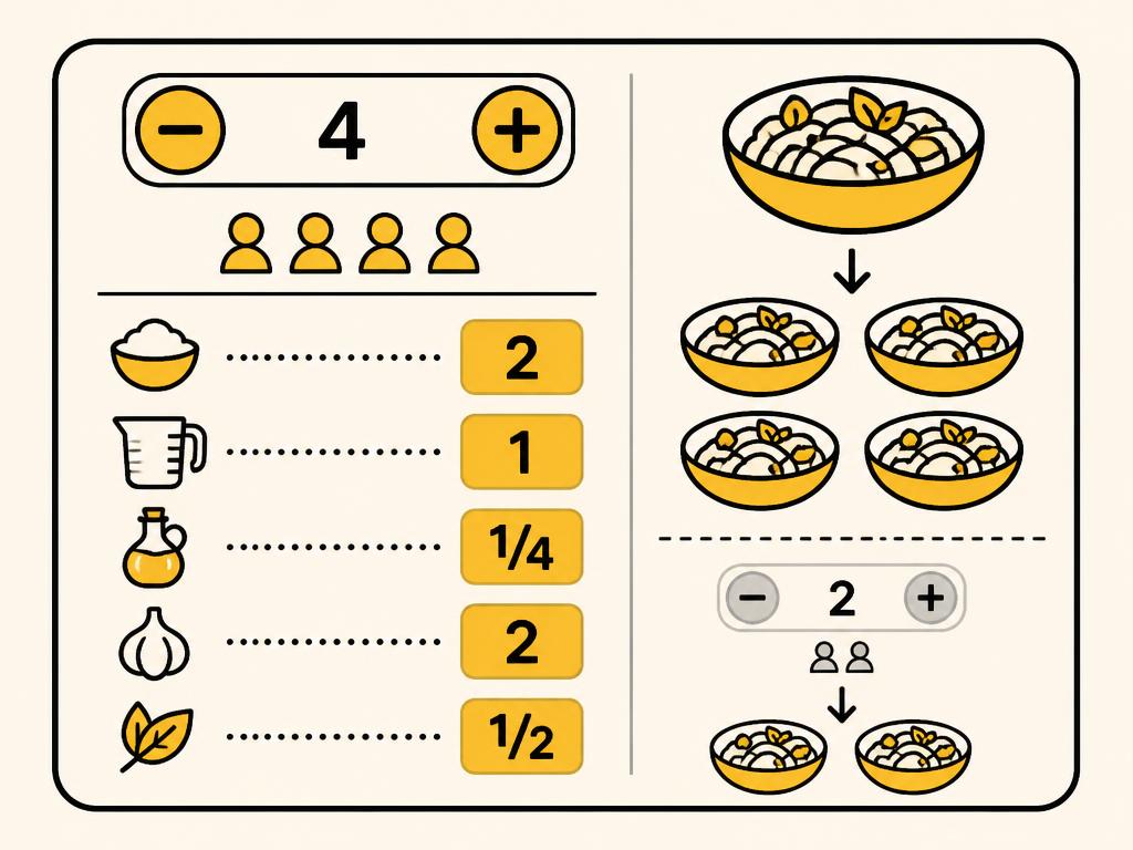 Illustration of a servings stepper recalculating every ingredient quantity