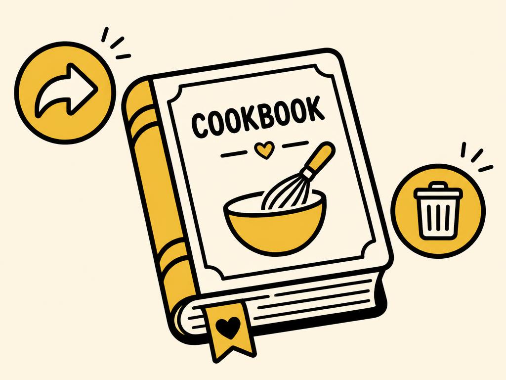 Illustration of a cookbook with save, share and delete icons
