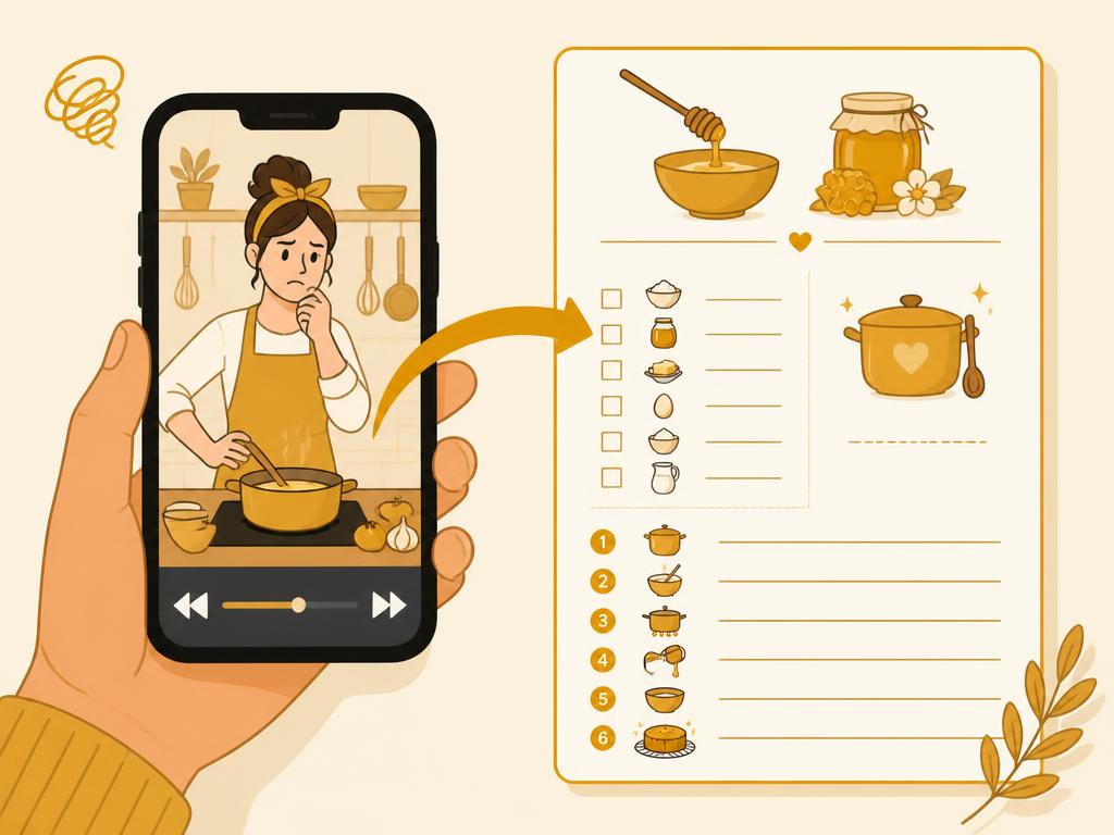A phone playing a cooking video with a rewind bar, turning into a clean printed recipe card